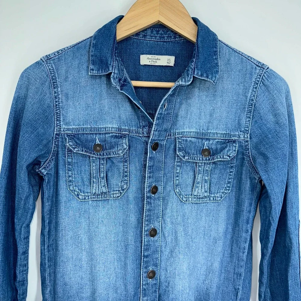 Abercrombie & Fitch Long Sleeve Denim Jean Shorts Romper in Medium Wash A&F - Picture 3 of 7